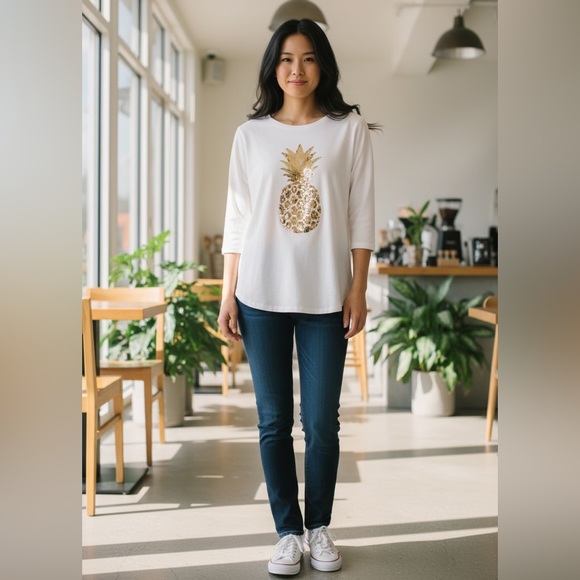 Tommy Bahama Tops - Tommy Bahama White Long Sleeve Tee with Gold Pineapple sequin Graphic design